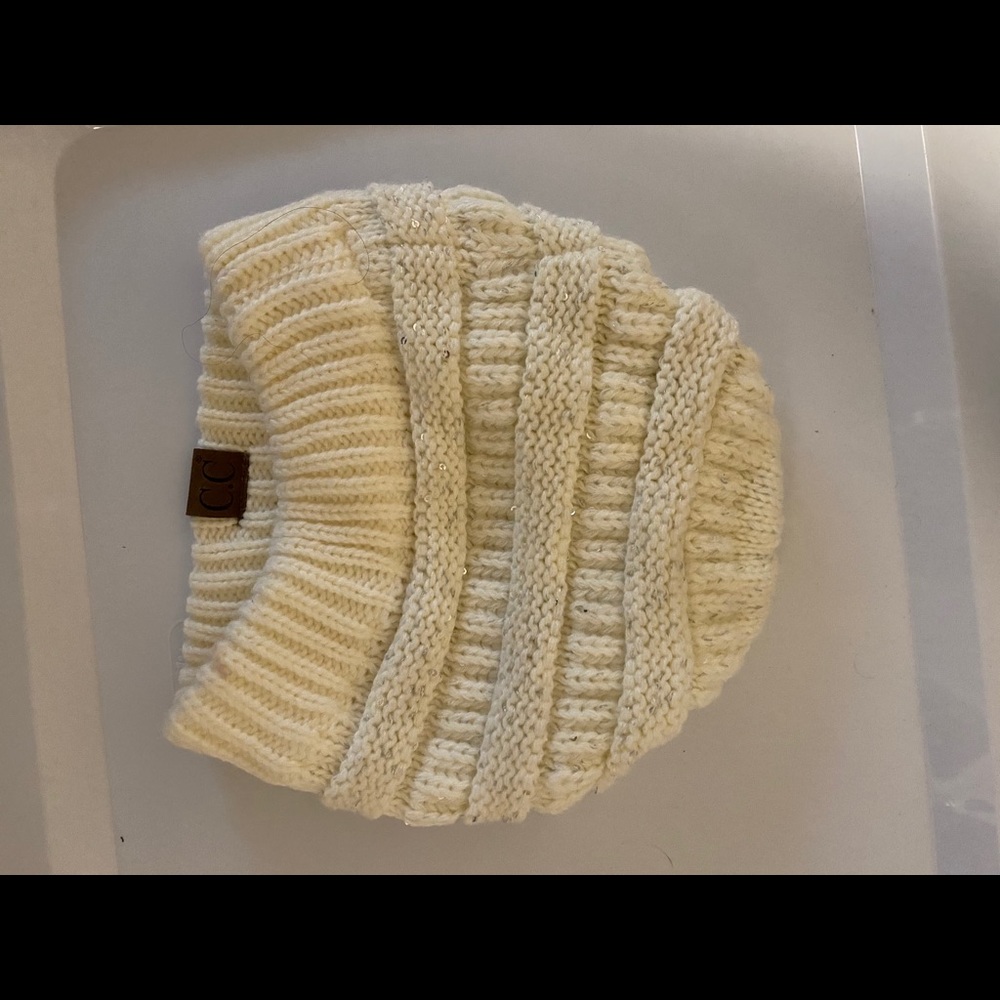 CC sparkly cream colored knit sweater beanie